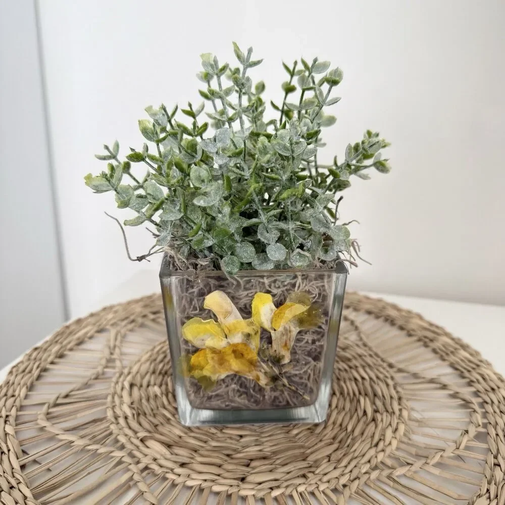 Handmade Faux Green Plant Arrangement In Dried Flower Glass Planter